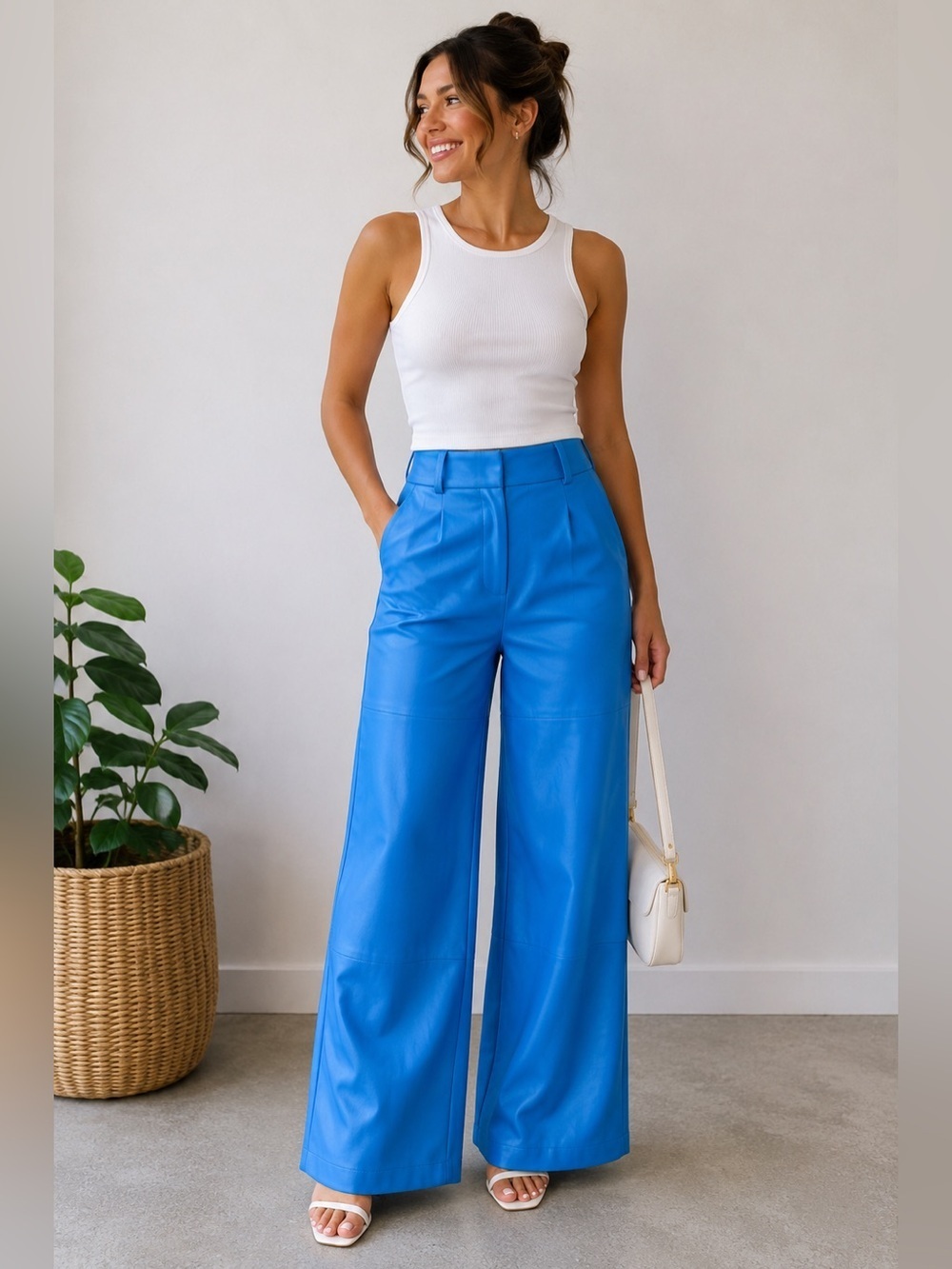 Meshki Sima Faux Leather High Waist Wide Leg Pants Azure XS